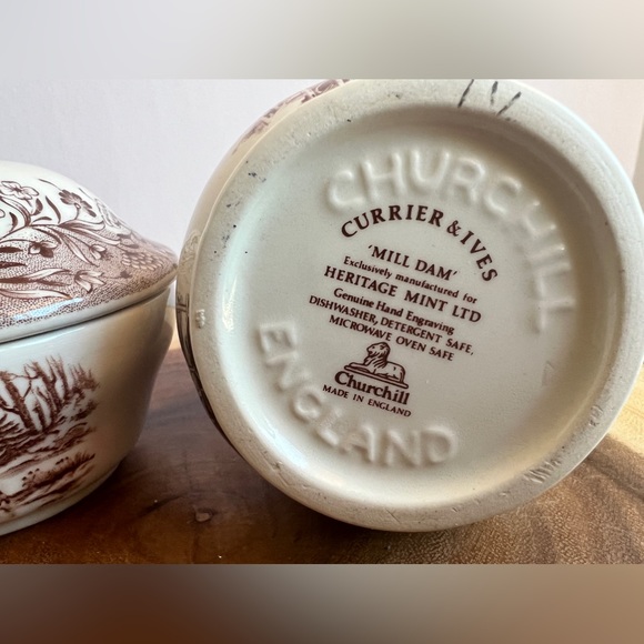 Churchill Currier & Ives “Mill Dam” Sugar Bowl w/Lid & Creamer Made in England - Picture 10 of 10